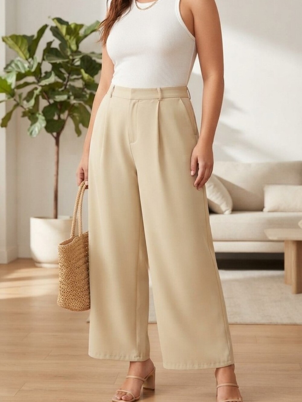 Cider Beige High Waisted Wide Leg Pleated Trousers Dress Pants Size XL